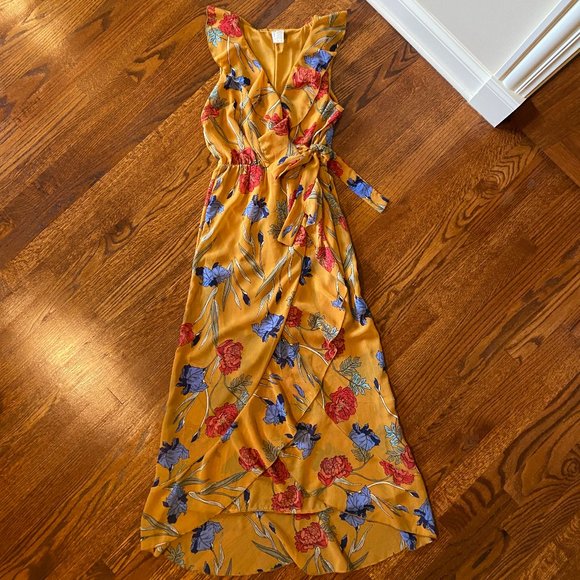 Japna Dresses & Skirts - LAST CHANCE: Japna Mustard Floral Asymmetrical Maxi Dress - Size Small